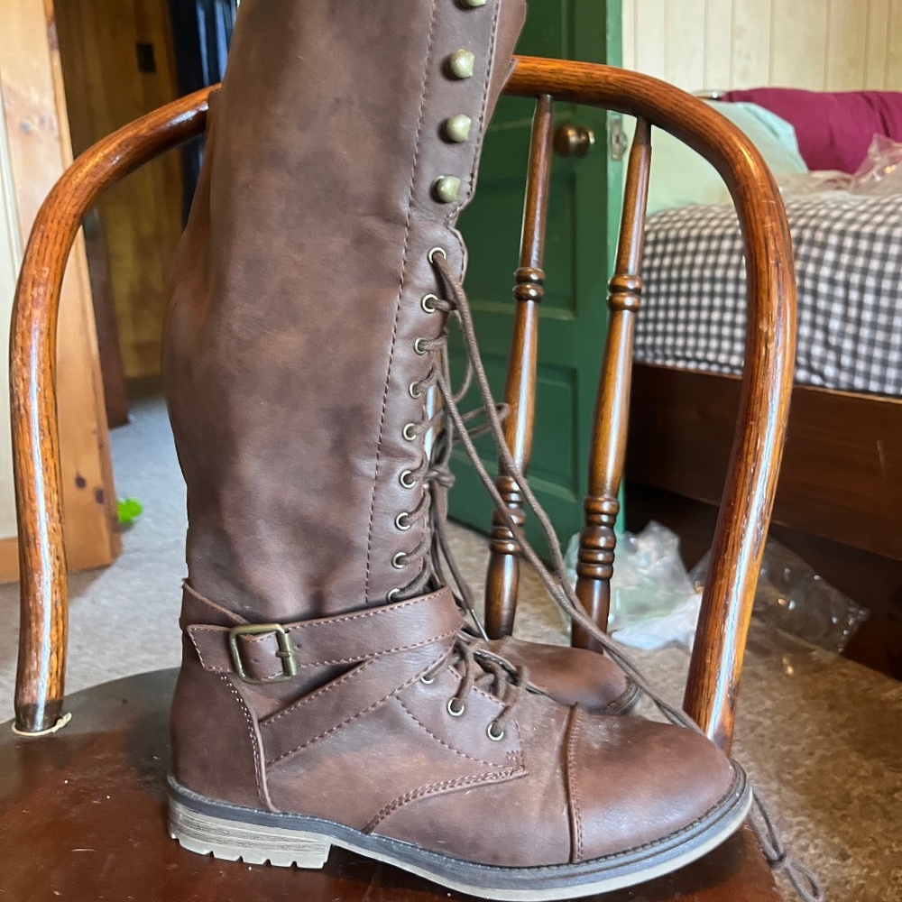 Brown knee high combat boots
